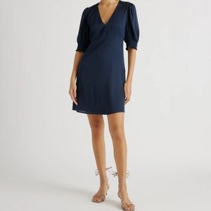 Quince Washable Stretch Silk Puff Sleeve Mini Dress sz XL Navy Blue